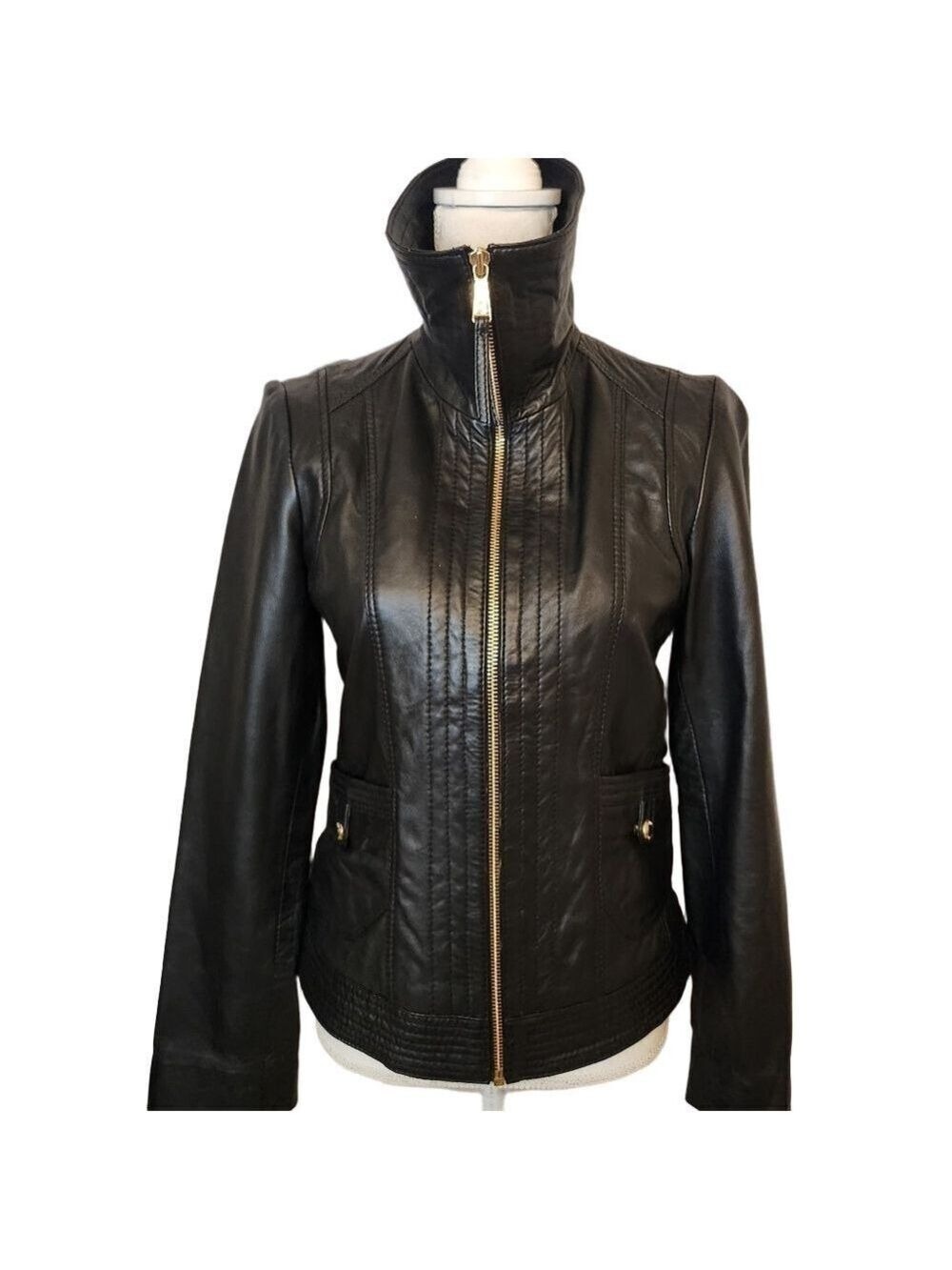 Michael Kors Missy Leather Full Zip Jacket Black Wing Collar Size S - Picture 8 of 13